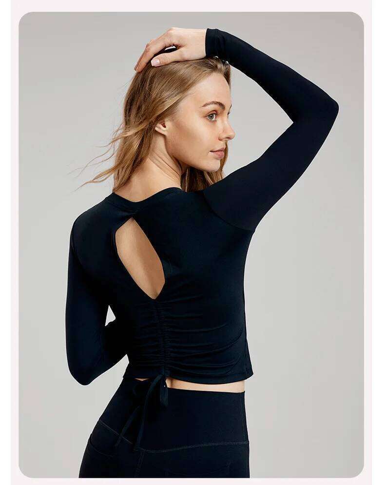 Autumn Winter Women Long Sleeve Back Hollow Out Drawstring T-shirt Elastic Breathable Pure Color Sports Gym Fiess Workout Top