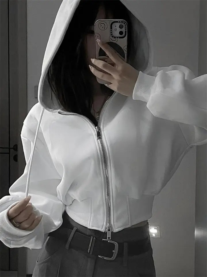 Casual Short Hooded Sweatshirt Women Zip Up Hoodies Mujer Solid Harajuku Long Sleeve Slim fit Crop Top Female Jackets Coat 250730