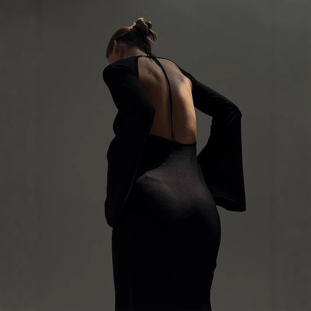 French Sexy Open Back Dress Knitted Thin Autumn/Winter 2023 Holiday Dress