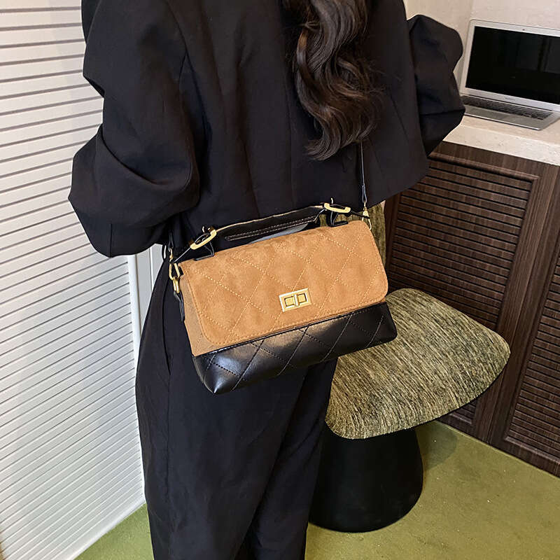 Lingge color blocked flip top handbag with faux leather velvet and PU leather feel, single shoulder crossbody bag, fashionable and versatile commuting