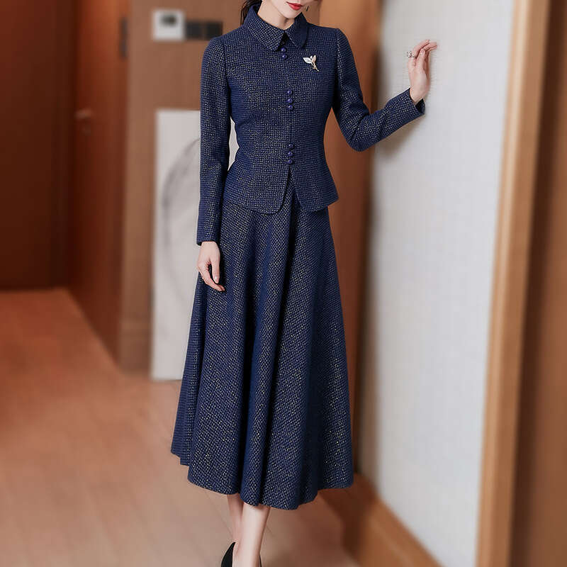 Blue Tweed Style Woolen Suit Autumn New Elegant and Dignified High-end Slimming Two-piece Set for Women