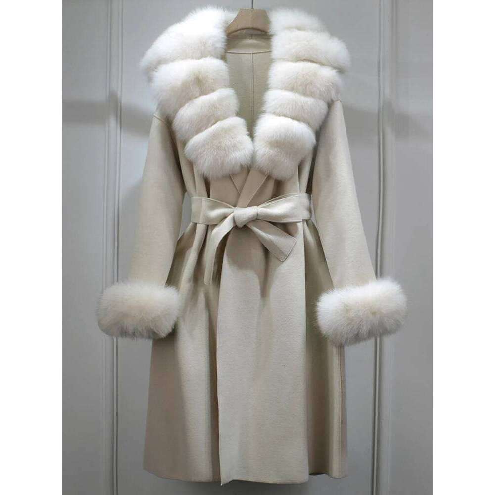 Designer Clothing Janveny 2025 New Fashion Autumn Winter Jacket Women Long Woolen Blend Cashmere Coat Belt Big Real Fox Fur Collar Warm Streetwear Fas