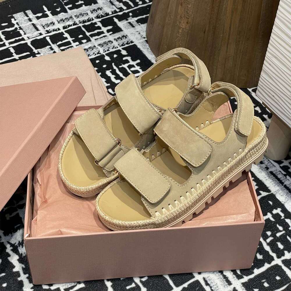 Women Size35-41 Natural Cow Suede Sandals Flat Platform Weaving Summer Flats Hook Loop Designer Shoes Zapatillas De Mujer 591