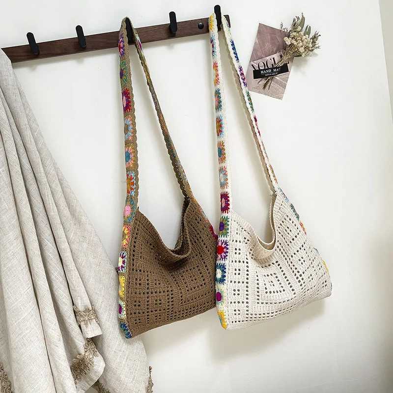 Large Capacity Fashion Boho Tote Bag Trendy Floral Crochet Handmade Knitted Bag Vintage Multicolor Hollow Out Handbag G250729