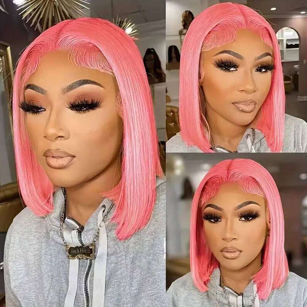 Short Bob HD Transparent Light Pink Synthetic Wig Preplucked Lace Frontal Wigs Brazilian Virgin Human Hair 14 10 Inch
