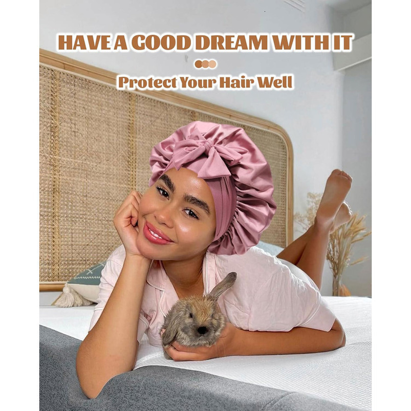 Satin Sleeping Silk Sleep Double Layer Bonnet with Elastic Tie Band for Curly Hair Night Cap (Bean Paste + Pink)