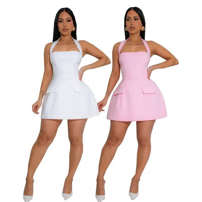 Sexy Halter Backless A-line for Woman Clothing Sleeveless Strapless High Waist Pockets Slim Party Club Mini Dress Vestidos dongdumaoyi