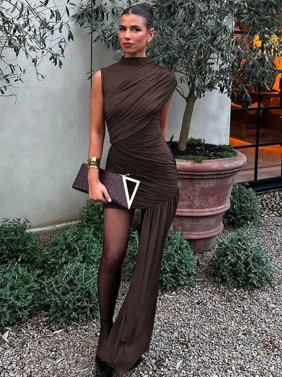 Irregular Draped Ruched Sexy Mini Dress For Women Turtleneck Sleeveless Pleated Slim Party Female Holiday Beach Dresses 250731