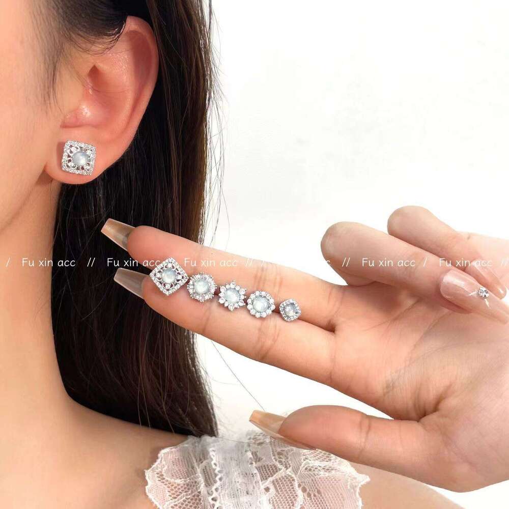 Gentle Lady Natural Jadeite Blue Green Tone High-end Personality Square Round Snowflake Shape Versatile Earrings for Women 7d7
