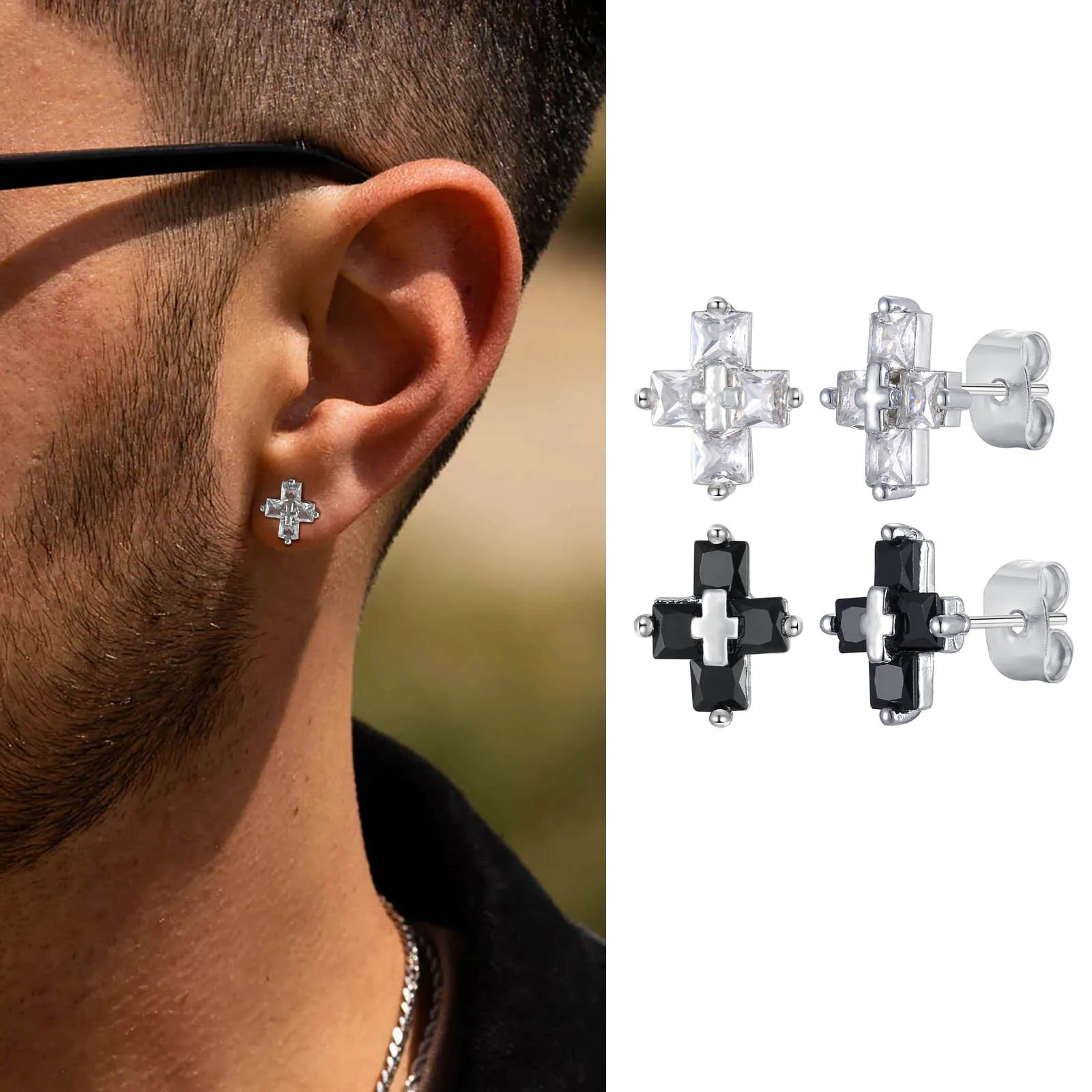 Cross Zircon Stud Earrings for Men BoysHip Hop Black White CZ Stone Metal EarringTrendy Jewelry Gifts 250729