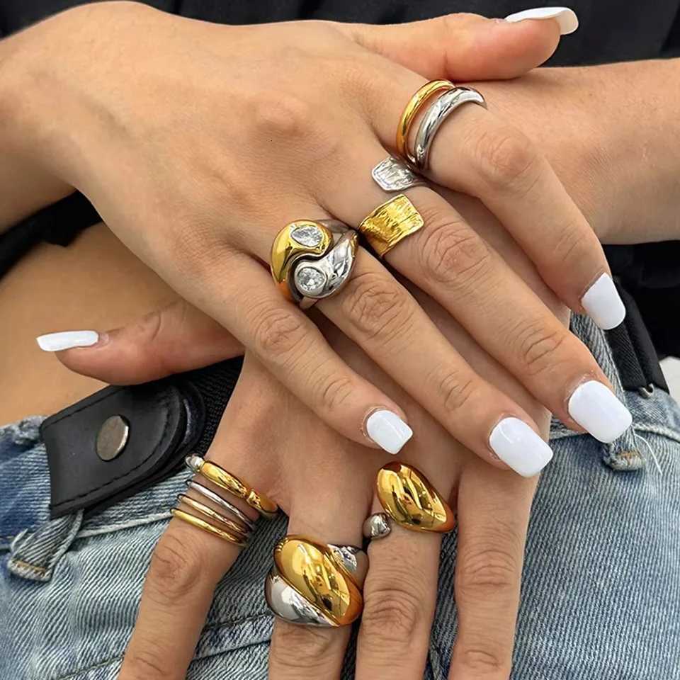 18K Gold Plated Stainless Steel Vintage Parallel Double Line Irregular Open End Ring for Women Anti-Allergic Charm Daily Jewelry y250730