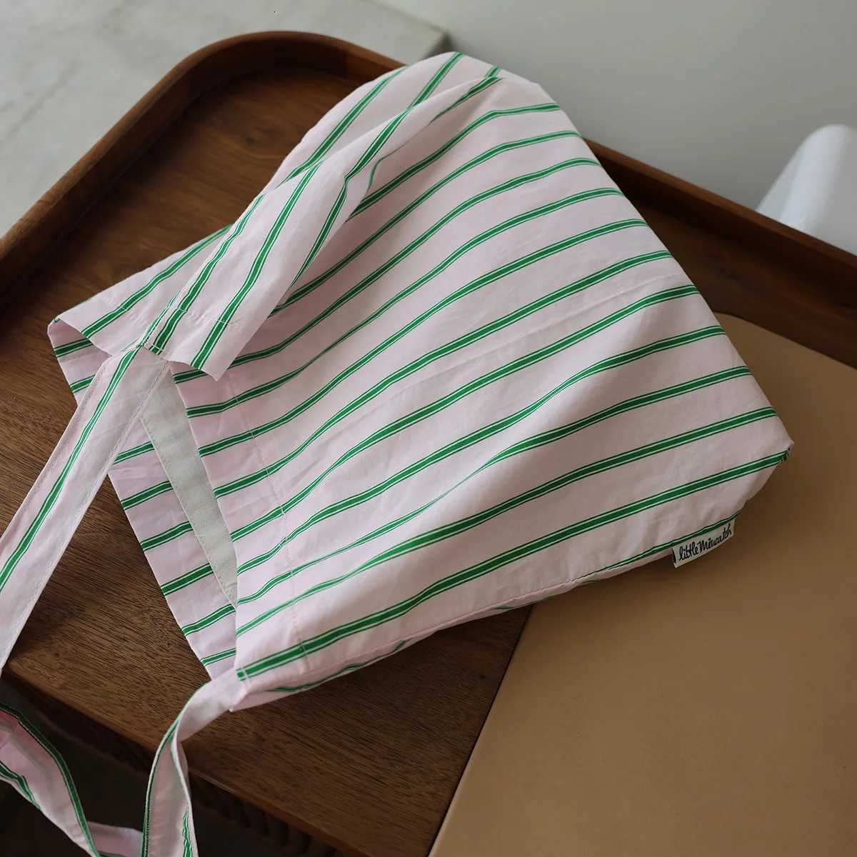 College style pink green striped shoulder bag simple versatile casual fabric tote bag canvas bag travel bag for women Y250730