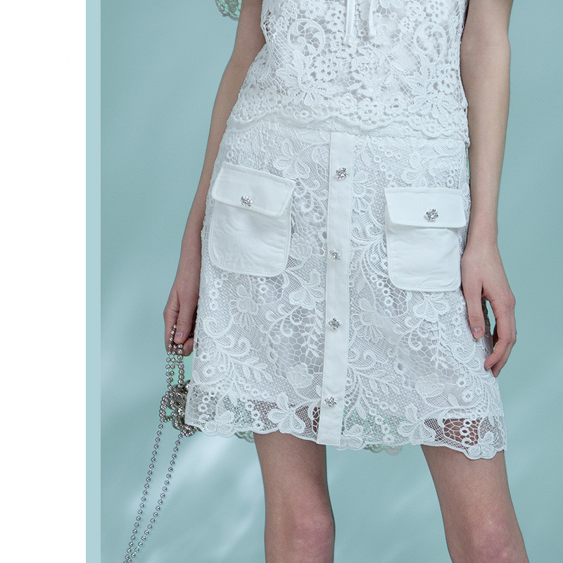 Women White Lace Straight Short Skirts High-waisted A-line Mini Skirt Elegant Water-Soluble Lace Skirt 6111481