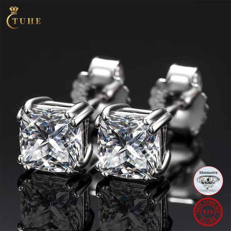 2022 Summer Women Jewelry 925 Sterling Silver 4 Prong Set 5.5mm 0.8ct Princess Cut VVS Moissanite Diamond Stud Earrings