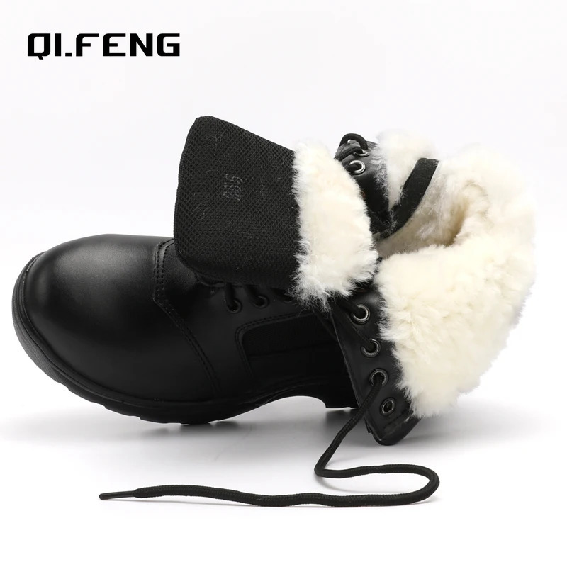 Steel Toe Mens High Top Boots Genuine Leather Training Boots Outdoor Mountaineering Work Shoes Winter Warm Snow Footwear 250729