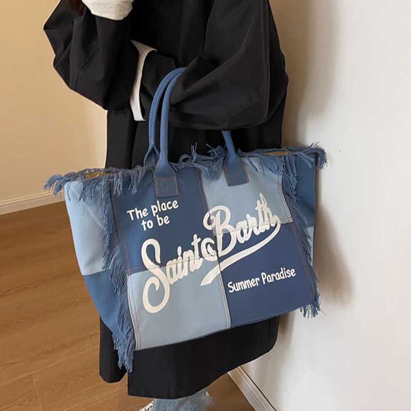 Fashion Denim Printed Tote Bag Large Capacity Shoulder Commuter Bags Handmade Tassel Canvas Summer Beach Womens Bag G250729
