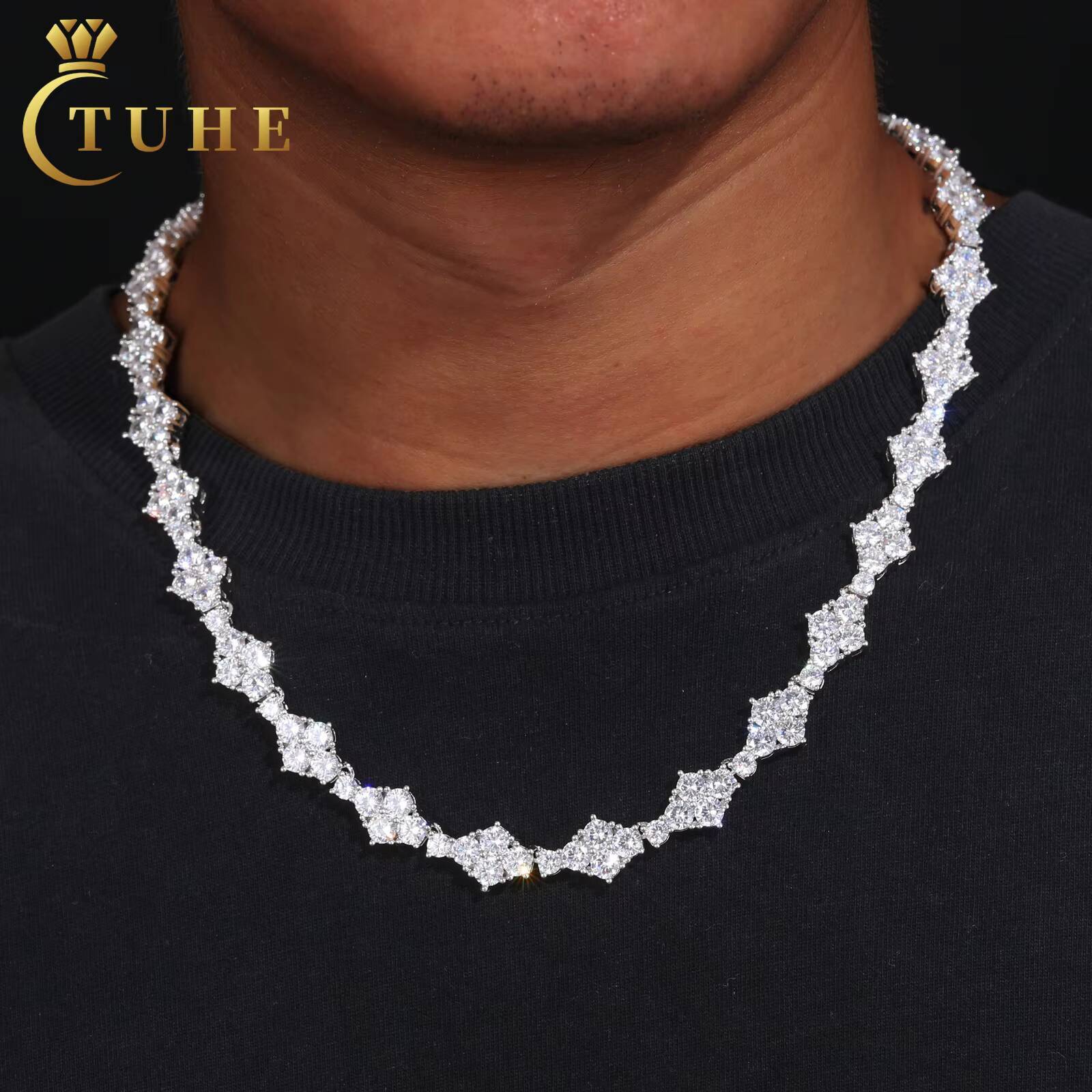 Pass Diamond Tester Prong VVS Moissanite Rhombus Tennis Chain White Gold 925 Sterling Silver Mossanite Tennis Necklace for Men