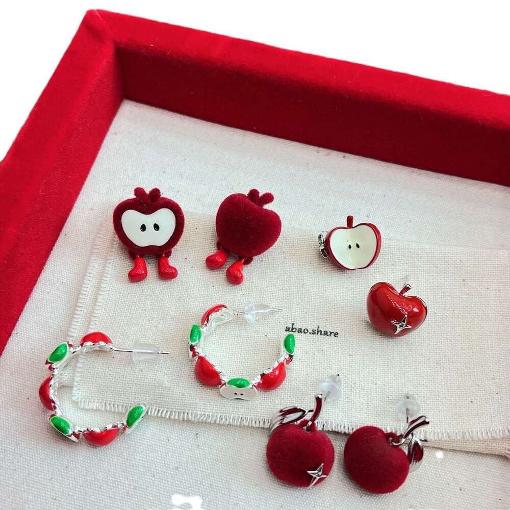 Flocked Ancora Red Apple Autumn Winter Cute Sweet Fun Design Elegant Versatile New Year Earrings 171