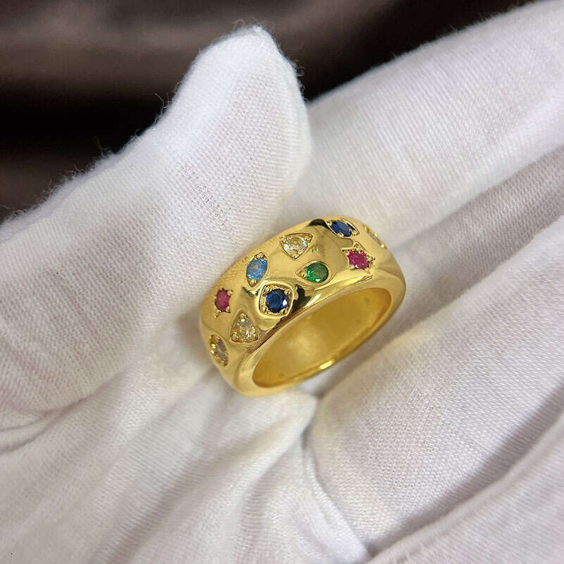 Korean Band Colorful Zircon Star Wide Face Inlaid Diamond Closed for Women Internet Celebrity Ins Style Ring