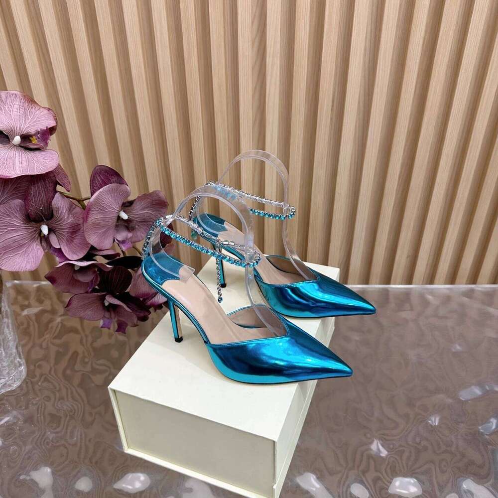 Women Size34-42 Patent Leather Pumps Crystal Chain Super High Heels Sandals Pointed Toe Designer Shoes Zapatillas De Mujer fe9