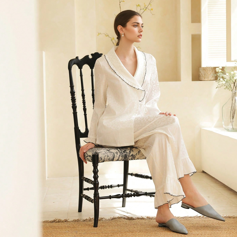 2025 New Women's Spring and Autumn Silk Color Brocade Leopard Print Jacquard Tie-up Long Sleeve Long Pants Pajama Set Homewear