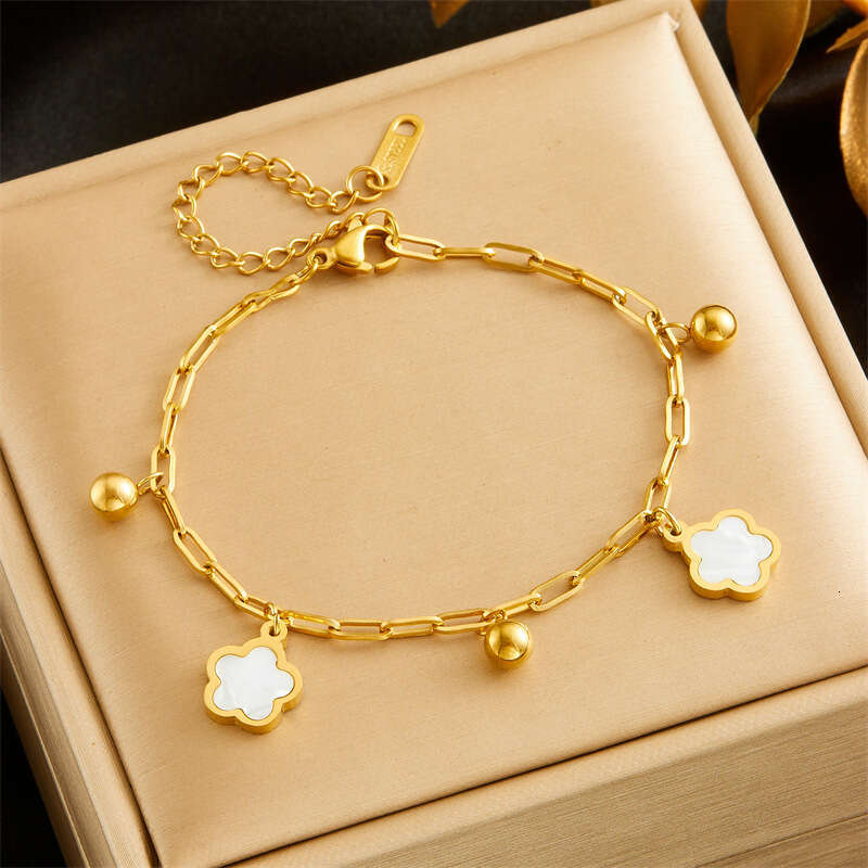 Fashion Simple Black and White Shell Flower Pendant Chain Stainless Steel Gold-Plated Bracelet