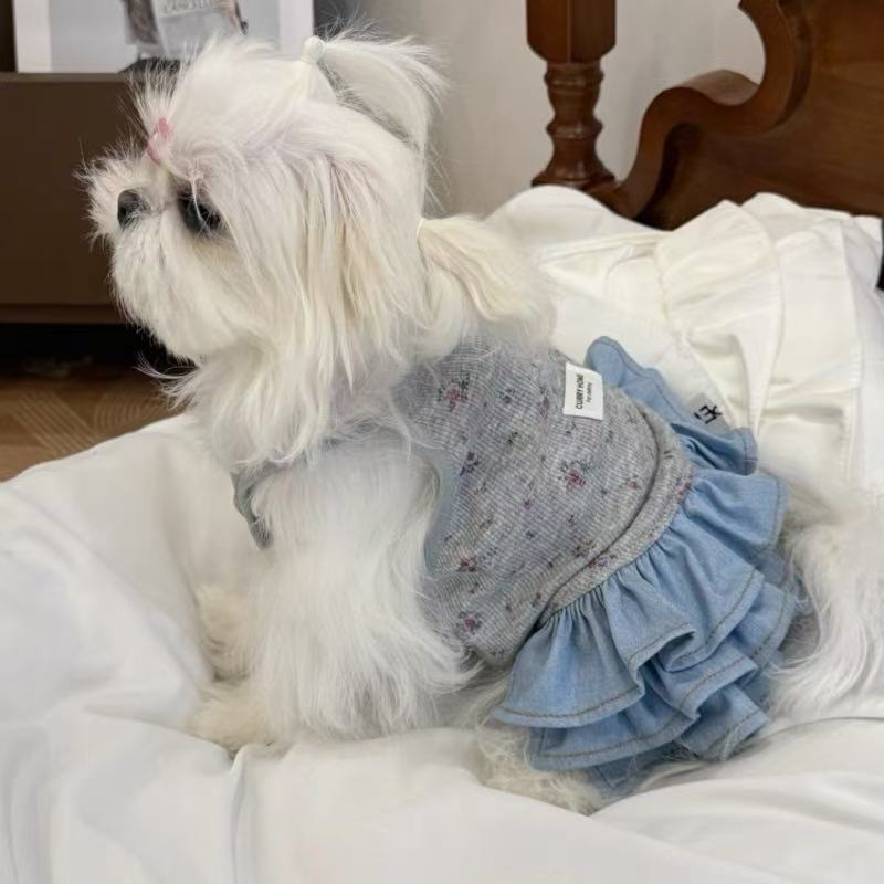 T860 New arrivals spring and summer new pet versatile denim skirt French retro style cat Yorkshire Maltese clothes