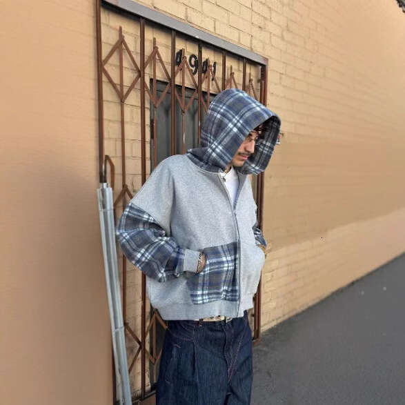 American Style Hooded Plaid Sweatshirt Cardigan for Men 2025 Spring and Autumn New Printed Loose Jacket Top