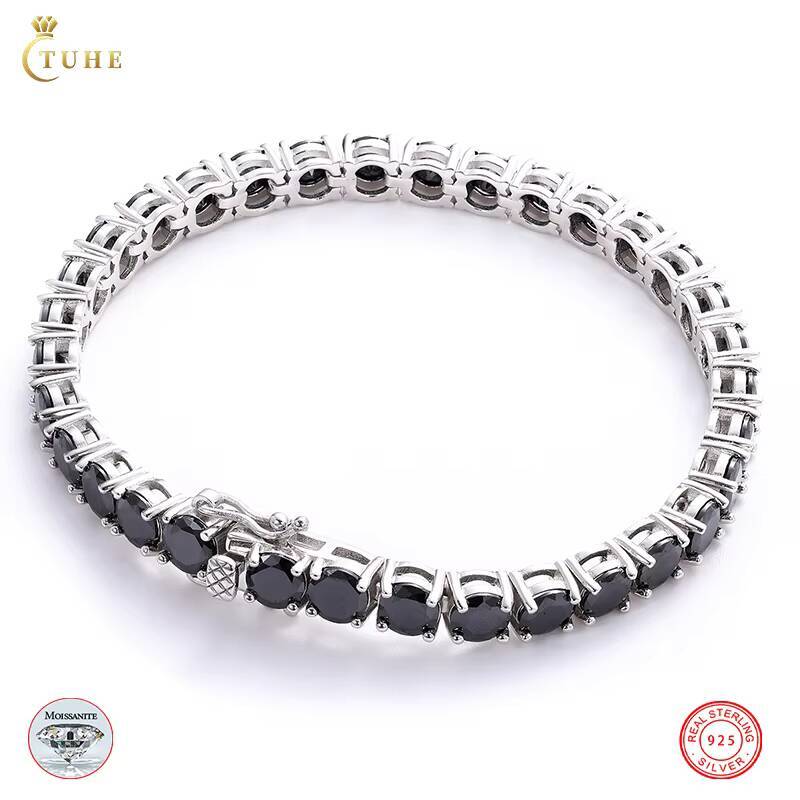 New Arrival Fine Jewelry 925 Sterling Silver Pass Diamond Tester Black VVS Moissanite Diamond Tennis Chain Bracelet