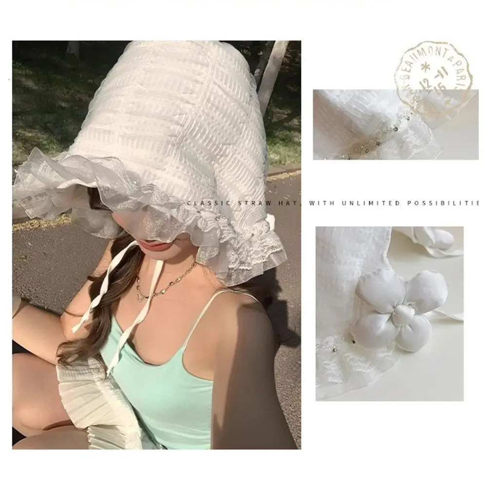 French Summer Lace Bucket Hat White Lolita Fisherman Hat Wide Brim Thin Visor Basin Cap Girls 250724