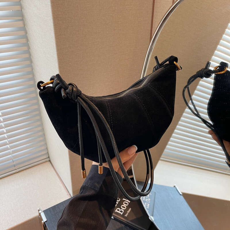 Crescent shaped shoulder bag with leopard print suede retro style cowhide rope decoration crossbody bag, fashionable and versatile daily street bag