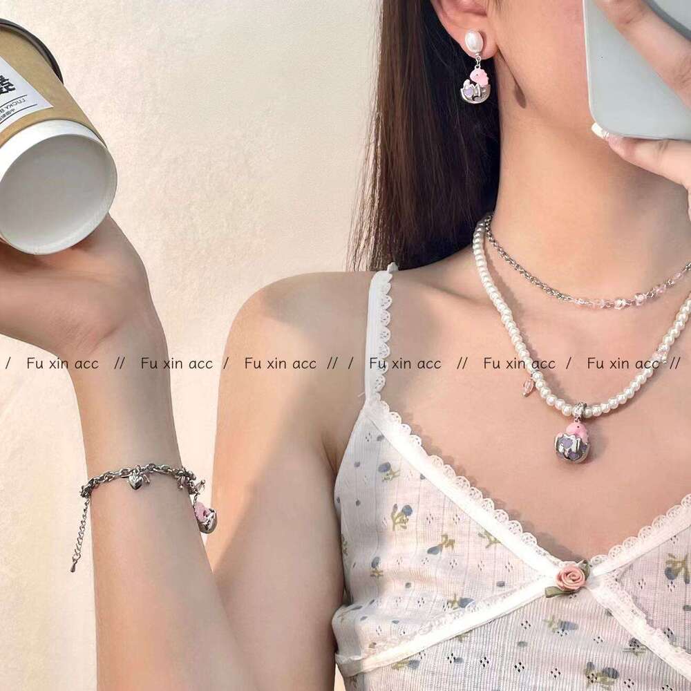 Girlish Pink Shell-Breaking Dragon Egg Necklace Petite Exquisite Pearl Earrings Women's Unique Design Cute Versatile Bracelet e87