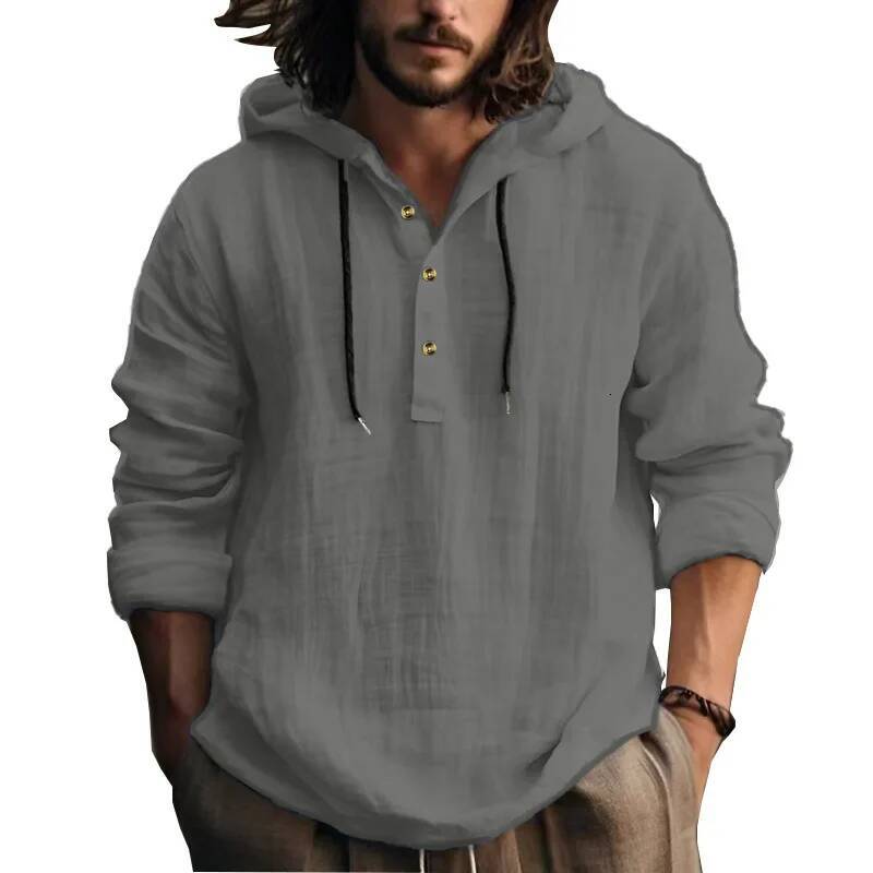 25 New cotton and linen shirts hooded loose large size casual sweater long sleeve hoodie men