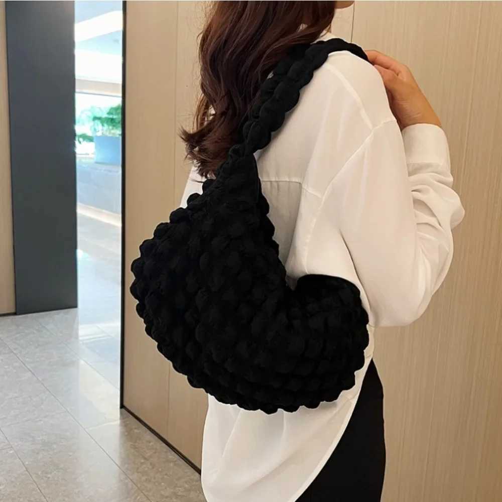Square Padded Shoulder Bag With Nice Pleated Bubbles Large Capacity Armrest Bag Solid Color Embroidered Cross Bag For Women Y250730
