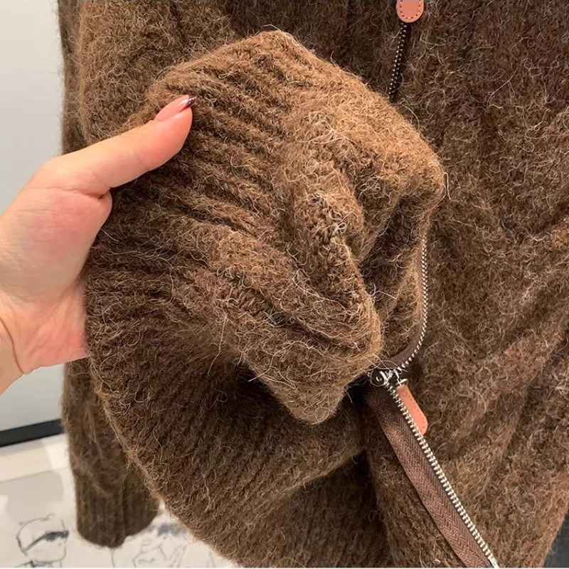 Women Autumn Winter Lazy Style Loose Knitted Cardigan Retro Solid Color Double Zipper Turndown Collar Sweater Top 250730