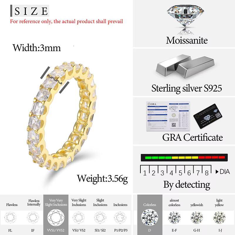 High Quality Wedding Jewelry Luxury 3mm 925 Sterling Silver Princess Cut VVS Moissanite Diamond Eternity Engagement Band Ring