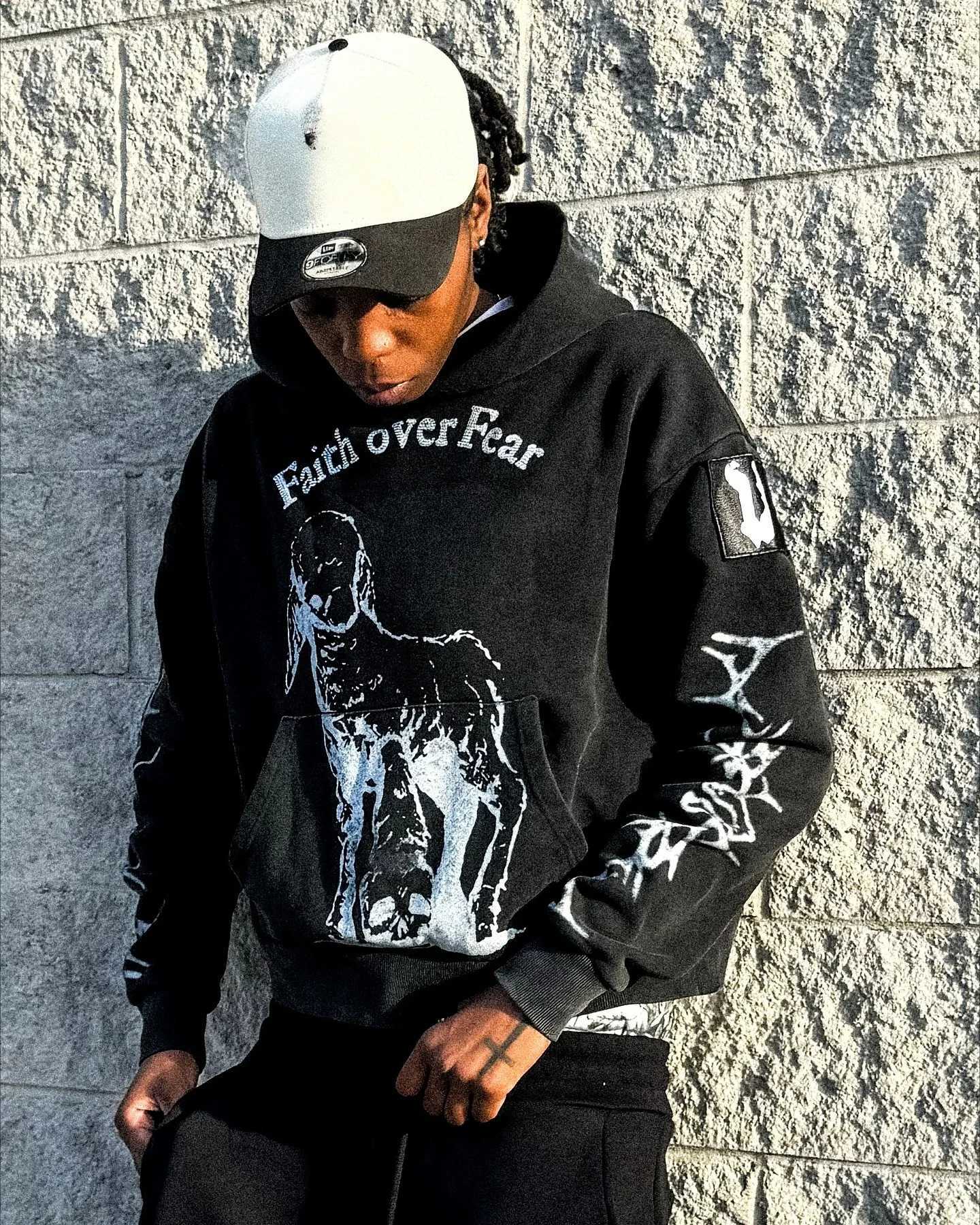 2K Retro Hip Hop Sweatshirt Sweatpants 2-Piece Set Double Waist Patchwork Drawstring Sports Pants Tracksuit Men Print Hoodie Suit XJ250731