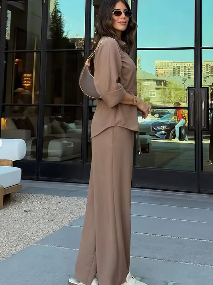 Pant sets Summer Womens Suit Shirts Blouses Tops Trouser Two Pieces Set Brown Shortsleeved Shirt Female Pantsuit 250724