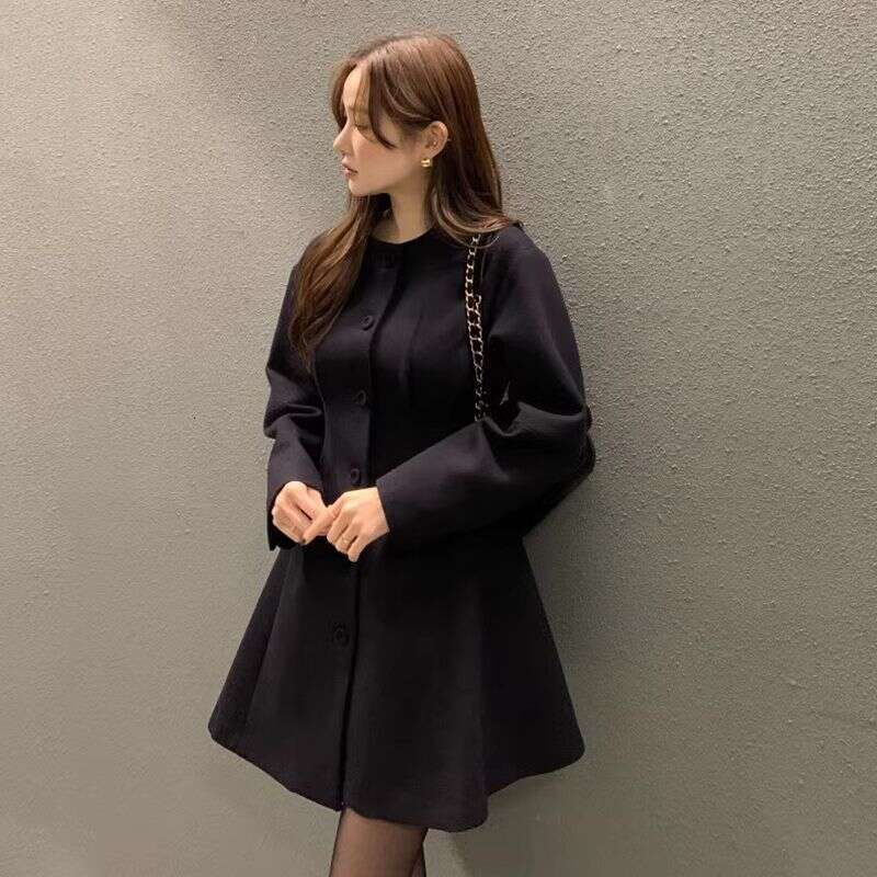 2025 Autumn Round Neck Single Breasted Pleated Waist Slimming Solid Color Long Sleeved Woolen Women's Coat