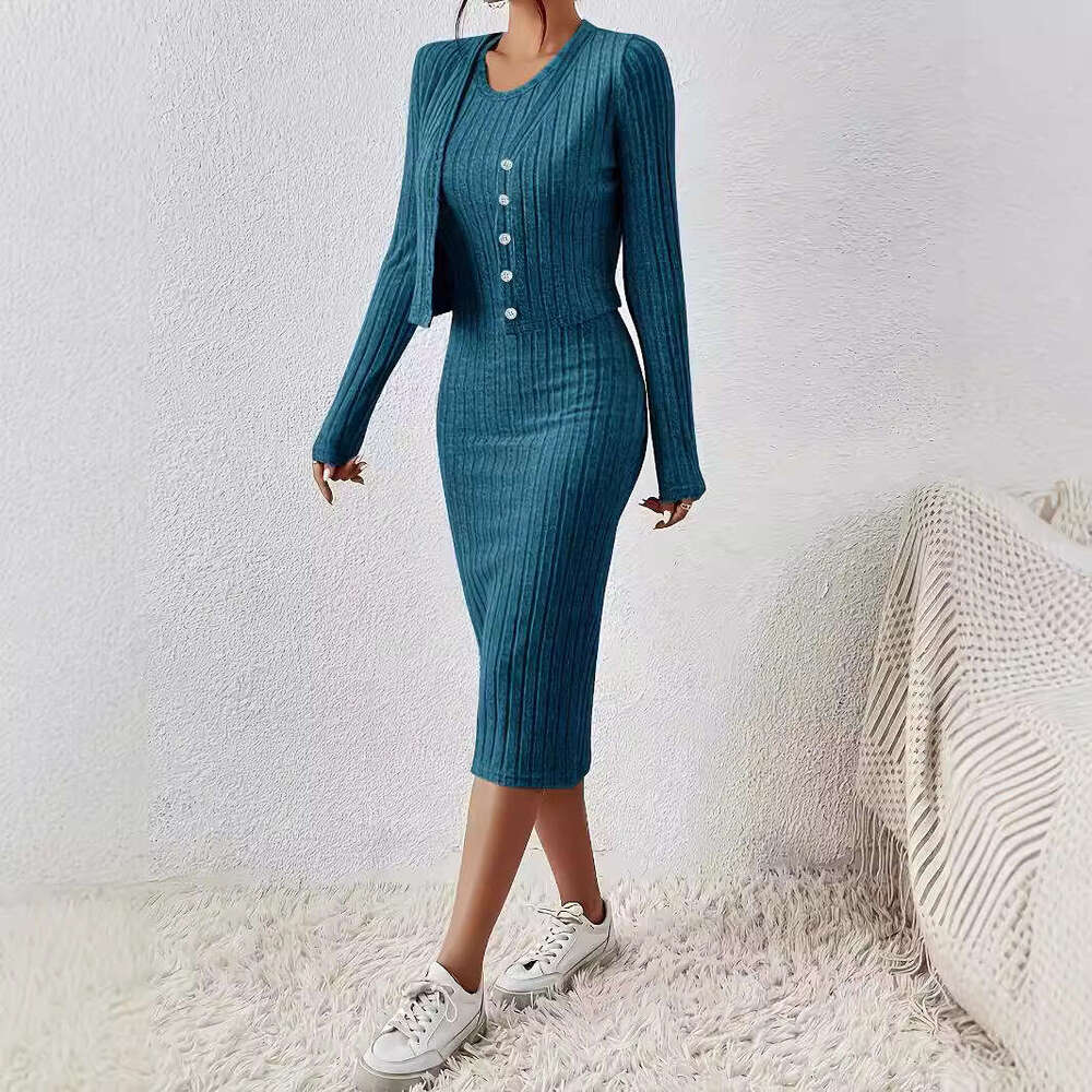 Spring Autumn Solid Color Front Button Short Top and Slim Fit Dress Set