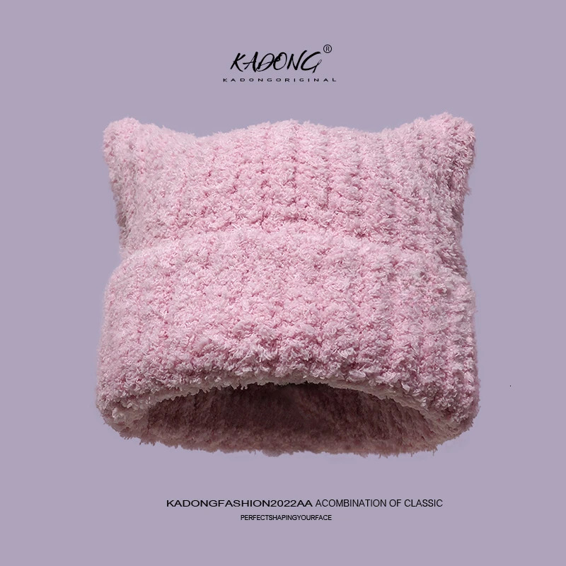 Ins Cute Cat Ears Soft Plush Knitted Cold Hats for Women Autumn and Winter Outdoor Fashion Warm Versatile Pullover Beanies 250730