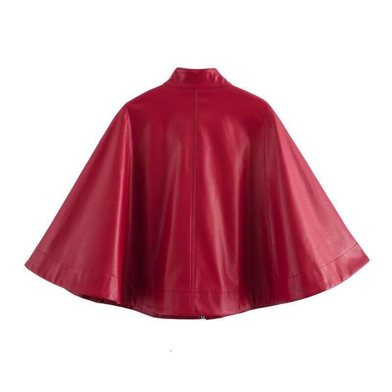 2025 Spring Fashion Versatile Solid Color Zipper Leather Short Cape Coat For Women B481981