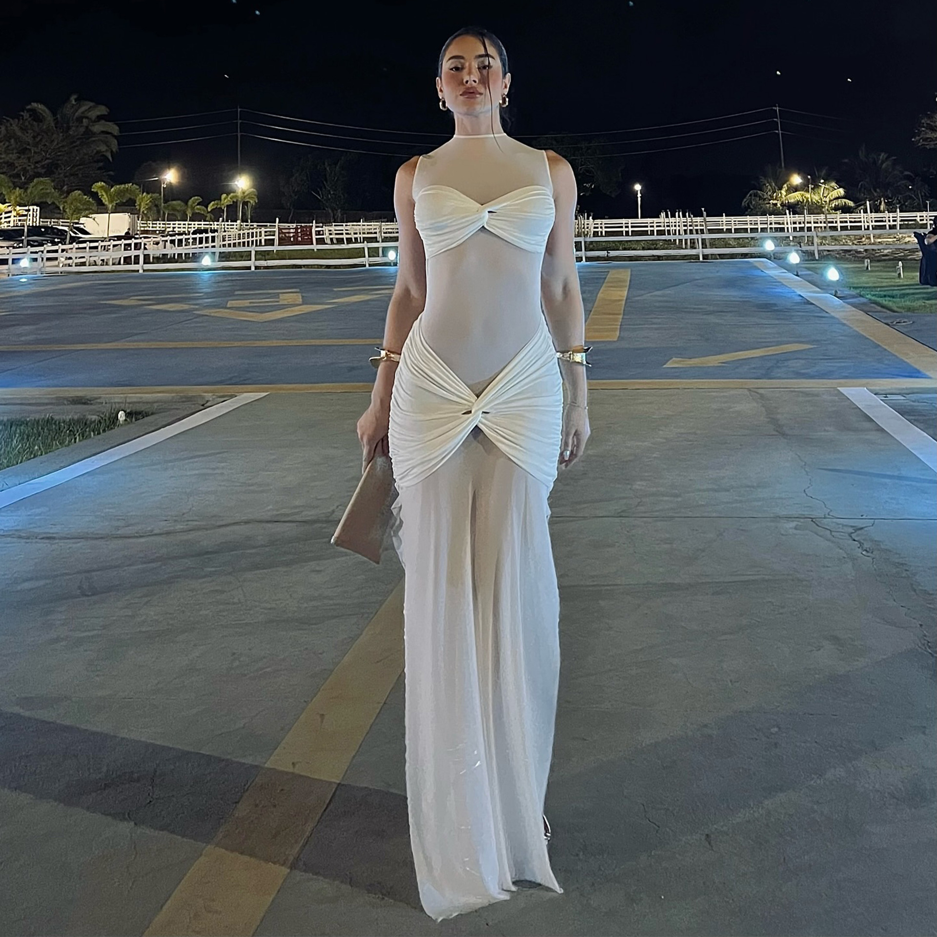 D098DS2025 Spring New Evening Dress Sheer Mesh Sexy Solid Color Bodycon Womens Dress