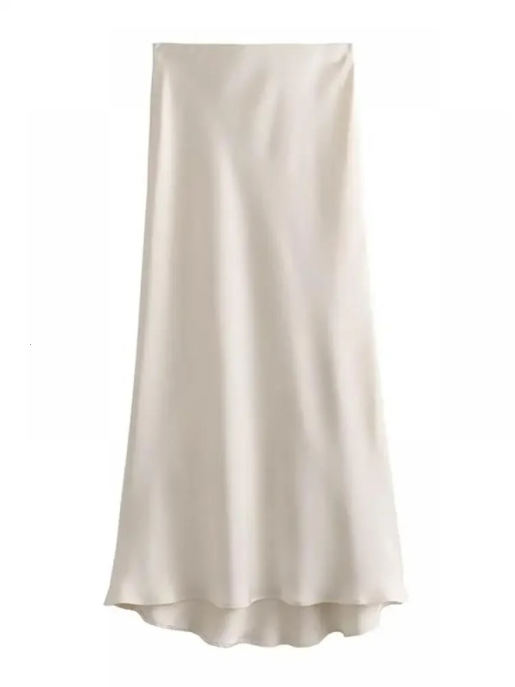 AOSSVIAO Women Fashion Satin Solid Midi Skirt Vintage Mid Elastic Waist Female Chic Lady Skirts 250730