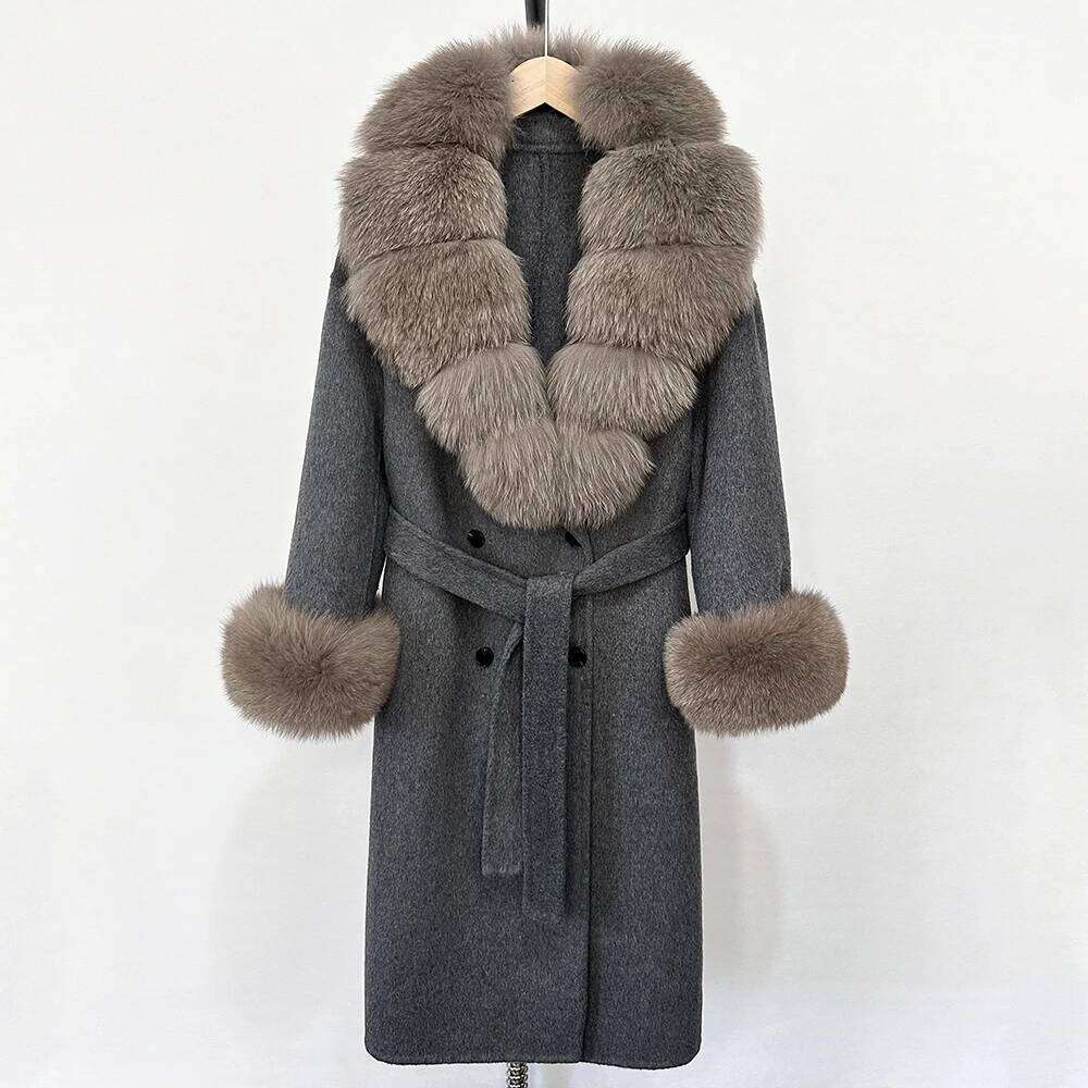 Designer Clothing Blends Long Natural Woolen Coat Women New Autumn Winter Clothes Fashion Warm Wool Real Fox Fur Jacket Overcoat Fashion