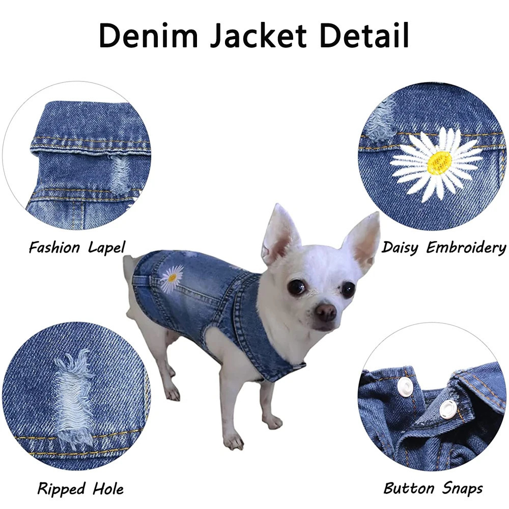 Daisy Embroidery Dog Clothes for Small Medium Dogs Vintage Washed Dog Jeans Jacket Pet Sleeveless Vest Denim Coat Outfits 250729