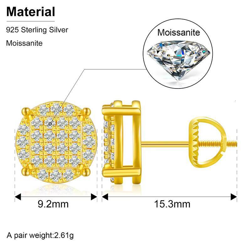 Men Iced Out Screw Back Moissanite Earring 925 Sterling Silver Classic Round Stud Earrings With GRA Certificate