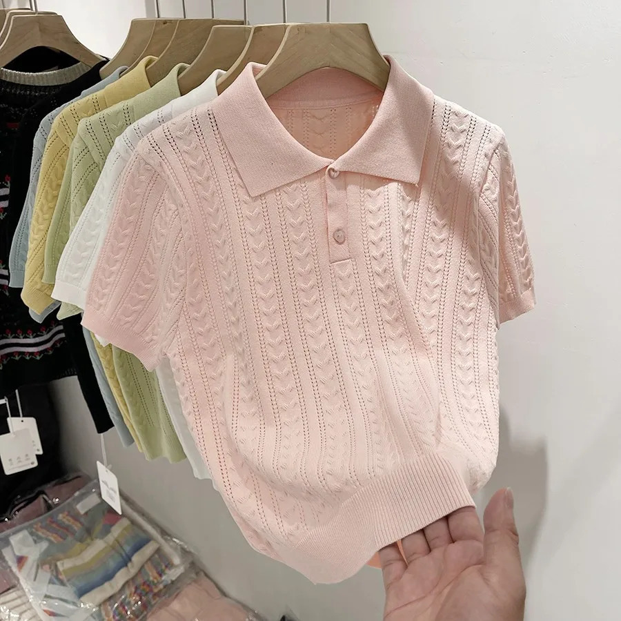 Summer Soft and Sticky POLO Collar Ice Silk Knitted Sweater for Women with A Niche Short Sleeved n Thin Top 250729