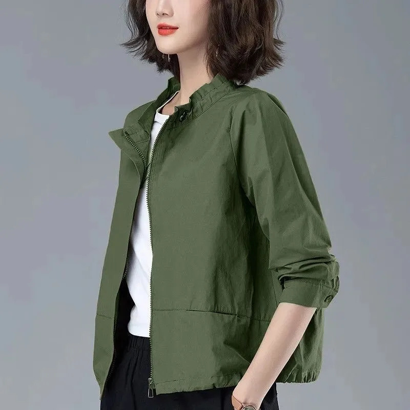 Spring Autumn Zipper Coat Outerwear For Womens Casual Stand-Up Collar Jacket Top Fashion Short Windbreaker Female 250728
