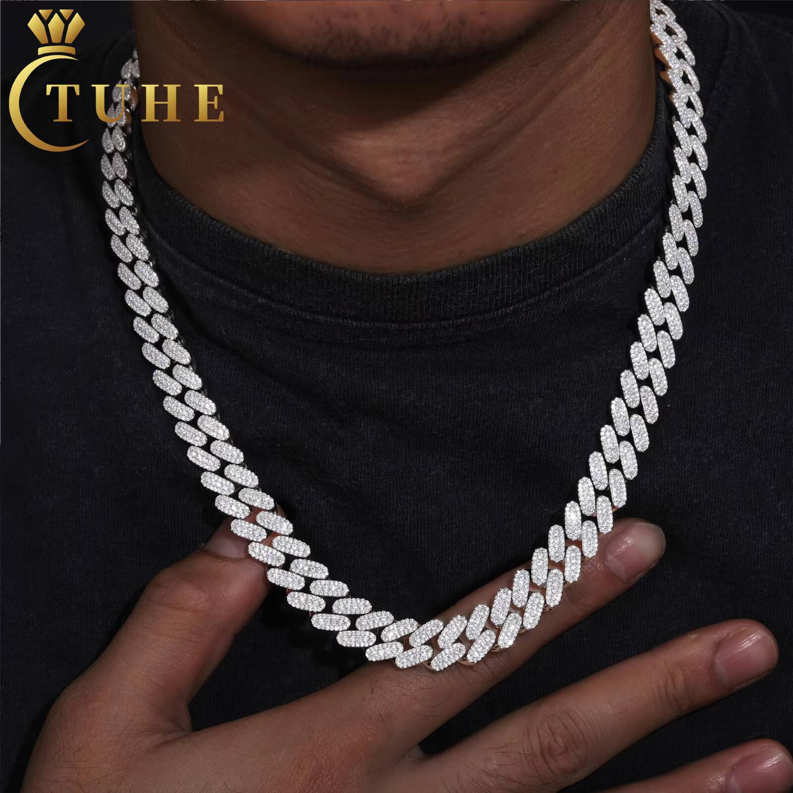 Fashion Rappers Jewelry Prong Setting VVS Moissanite Diamond Iced Out 12mm Cuban Link Chain 925 Sterling Silver Necklace Jewelry